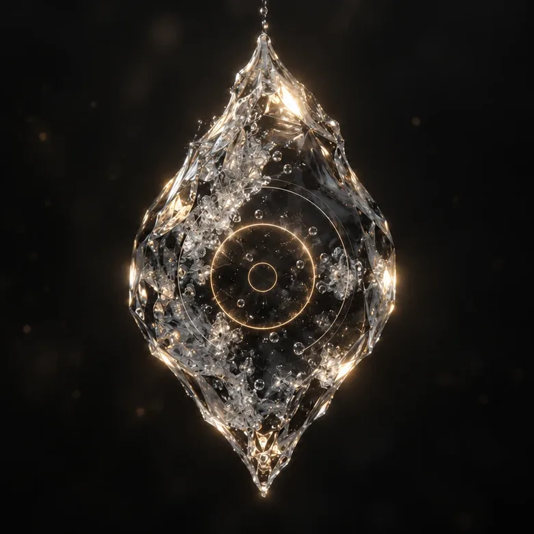 An abstract translucent ice form lit in pearl and warm gold, with fine concentric contours at its centre.